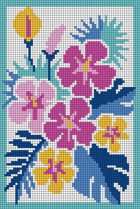 Colourful Cross Stitch Patterns, Tapestry Flower Pattern, Crochet Tropical Flower, Pixel Art Fleur, Cute Alpha Patterns, Pixel Art Pattern Design, Cross Stitch Designs Flowers, Flower Pixel Art, Modele Pixel Art