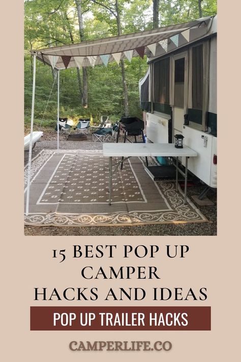 15 Best Pop Up Camper Hacks and Ideas Tent Camper Hacks, Pop Up Camper Camping, Pop Up Campers Remodeled, Living In A Pop Up Camper Full Time, Pop Up Organization Ideas, Pop Up Camper Essentials, Camping Trailer Decor, Pop Up Camping Hacks, Popup Camper Bathroom Ideas