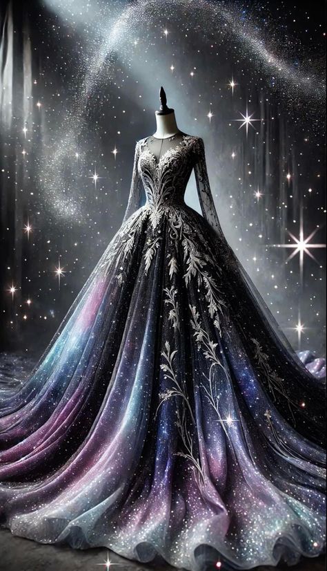 Mystical Ball Gown, Fantasy Galaxy Dress, Galaxy Gown, Witchy Dresses, Ball Gowns Fantasy, Starry Night Dress, Celestial Dress, Magical Dress, Purple Wedding Dress