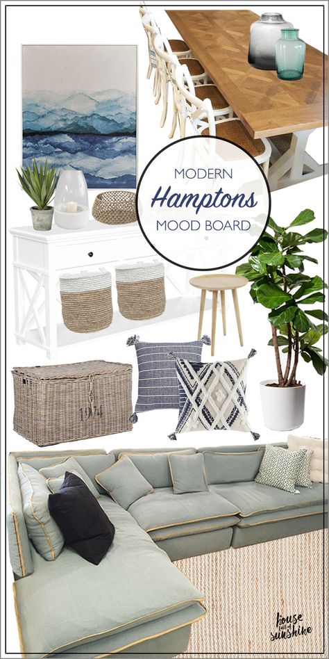 Modern Hamptons style with a relaxed coastal feel, this living & dining room mood board will inspire! If you can't live at the beach, decorate like you do! Dining Room Mood Board, Hamptons Style Living Room, Modern Hamptons Style, Hamptons Style Decor, Modern Hamptons, Room Mood Board, Styl Hampton, Modern Hampton, Condo Ideas