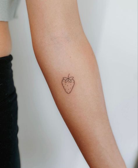 Cute Tattoos Strawberry, Cute Strawberry Tattoo Small, Kawaii Strawberry Tattoo, Strawberry Behind Ear Tattoo, Mini Fruit Tattoo, Small Tattoos Strawberry, Minimal Strawberry Tattoo, Strawberry Finger Tattoo, Small Strawberry Tattoo Simple