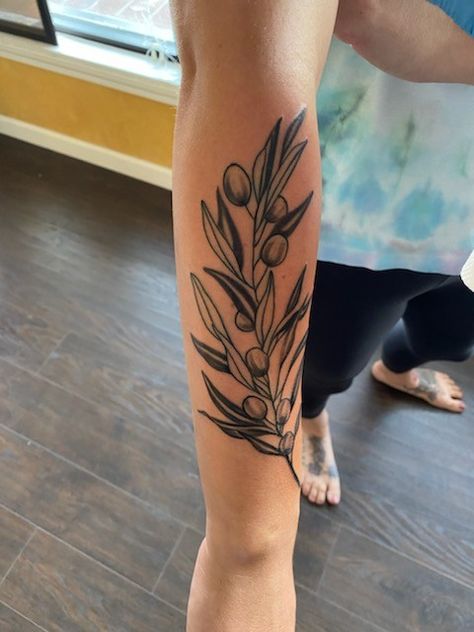 Olive Plant Tattoo, Olive Branch Knee Tattoo, Olive Branch Tattoo Design, Tattoo Manifestation, Olive Branch Tattoo Mens, Oliver Tattoo, Olive Tree Tattoos, Sorry Mom Tattoo, Olive Tattoo