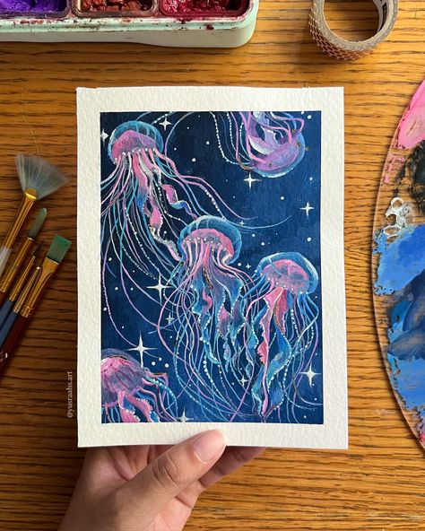 Sea Gouache Painting, Jelly Gouache Painting Ideas, Gouache Painting Inspiration, Gouache Art Ideas, Jellyfish Gouache, Himi Gouache Art, Guache Art Gouache Painting, Aesthetic Gouache Art, Guache Art