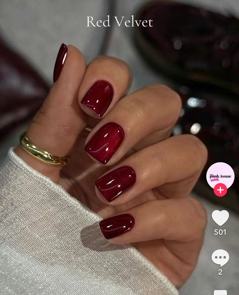 Cherry Velvet Nails, Dnd Gel Polish Christmas Colors, Deep Red Short Nails, Nail Polish For Light Skin Tone, February Nails Color, One Color Short Nails, Deep Winter Nail Colors, Burgundy Sparkle Nails, Warm Color Nails