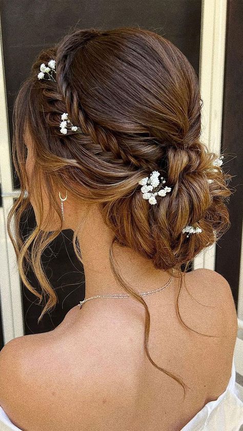 Wedding Long Hair Updo, Whimsical Wedding Updo, Braided Bun Wedding Hair, Hairstyles For A Wedding Bridesmaid, Updos For Wedding Bride, Prom Hair Styles Updos, Updo For Wedding The Bride, Cute Prom Hair Updos, Low Bun With Braid Wedding Hair