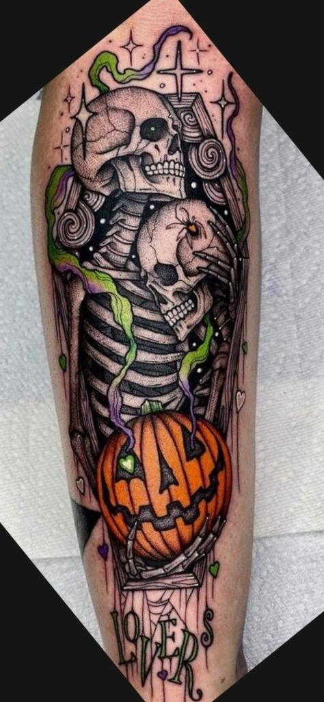 Jackolantern Tattoo Black And White, Trick Or Treat Tattoo, Spooky Tattoo Sleeve, Color Tattoo Designs, Halloween Sleeve, Halloween Tattoos Sleeve, Shin Tattoo, Rib Tattoos For Women, Pumpkin Tattoo