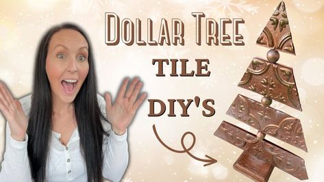 Dollar Tree Wall Tile Christmas Tree, Dollar Tree Faux Tin Tile Crafts, Ceiling Tiles Crafts, Vintage Christmas Diy, Faux Tin Tiles, Faux Tin Ceiling Tiles, Dollar Store Christmas, Tile Crafts, Diy Tile