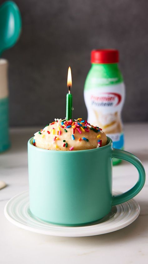 Premier Cake Batter, Cake Batter Delight Premier Protein Recipes, Premier Protein Birthday Cake, Protein Shake Mug Cake, Premier Protein Shake Dessert Recipes, Cake Batter Protein Shake Recipes, Premier Protein Mug Cake, Cake Batter Premier Protein Shake, Cake Batter Protein Shake