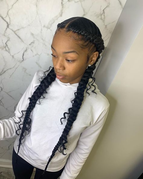 @1naebraids on Instagram: “2 braids with boho hair added 😍” 2 Box Braids Hairstyles, Two Braids And Curls, 2 Scalp Braids With Weave, Two Bohemian Feed In Braids, Boho Scalp Braids, 2 Boho Braids, Two Braids Hairstyle Black Women With Curls, Two Boho Braids, Boho 2 Braids