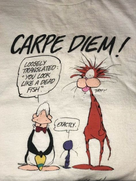 Vintage 80's Bloom County "Carpe Diem" T-shirt featuring Opus, Milquetoast & Bill by Berkeley Breathed Berkeley Breathed, Bill The Cat, Handwriting Examples, Comics Love, Quirky Quotes, Classic Cartoon Characters, Xl Fashion, Calvin And Hobbes, Classic Cartoons