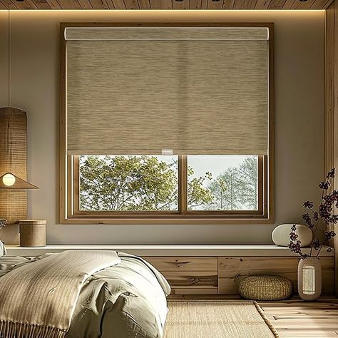 Amazon.com: HOTSOON Light Filtering Wood Texture Roller Shades for Windows, Imitation Bamboo Fabric Cordless Roller Blinds, UV Protection Easy to Install Window Shades for Home, Door, Dark Beige, Custom Size : Home & Kitchen Window Coverings For Large Windows Living Room, Organic Modern Window Coverings, Woven Shades With Curtains Living Room, Japanese Window Blinds, Amazon Window Shades, Blinds For Large Picture Window, Remote Control Blinds For Windows, Japandi Blinds, Masculine Window Treatments