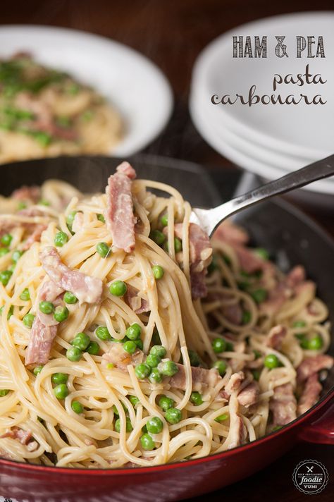 Ham Carbonara Pasta, Ham Carbonara Recipe, Ham And Pea Carbonara, Ham Carbonara, Pasta Carbonara With Peas, Chrissy Teigen Baked Pasta With Ham And Peas, Carbonara With Peas, Ham And Peas, Fettuccine Carbonara