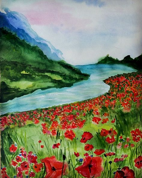 Poppy Field Drawing, Wild Flower Field Painting, Flower Field Watercolor, Poppy Field Painting, Poppy Garden, Valley Of Flowers, Garden Watercolor, Nursery Mural, Watercolor Poppies