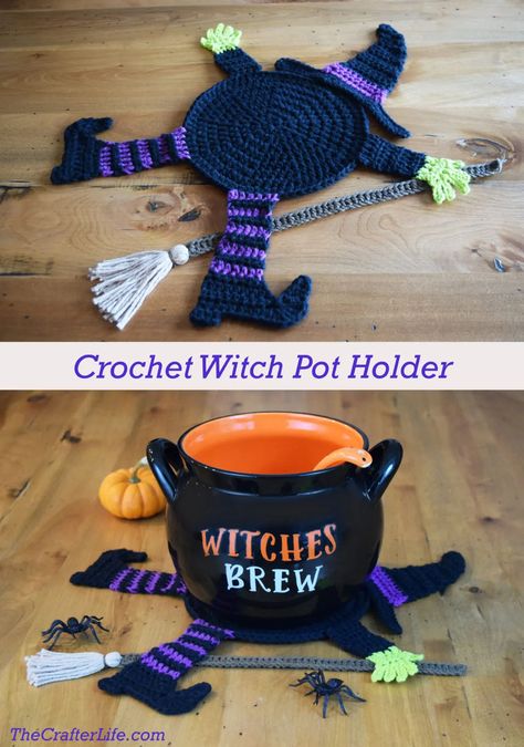 Witch Pot, Sewing Halloween, Crochet Witch, Table Counter, Fall Crochet Patterns, Crochet Coaster Pattern, Halloween Crochet Patterns, Crochet Fall, Holiday Crochet