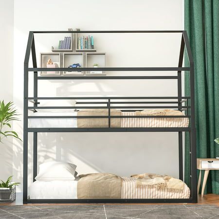 This house bunk bed has Safety, and a stylish compact design, This bunk bed is the perfect fit for kids and Teens, The lower bunk sits directly on the floor while 2 guardrails are included for the top bunk, recommended for 6-year-olds and up. A fixed ladder keeps the footprint compact, while the contemporary ship lap design creates a classic, clean look. Twin over twin bunk bed with bed slats; no box spring necessary. Requires two twin mattresses; please note the Mattress is not included. Assemb Bunk Bed Metal, Trundle Bed With Storage, Twin House, Low Bunk Beds, House Bunk Bed, Bunk Beds Built In, Metal Bunk Beds, Low Bed, Twin Bunk Beds