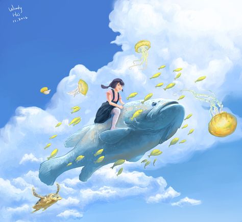 Flying In The Sky Illustration, Sky Fish Art, Fish In The Sky Art, Fish In Sky Art, Fish Project, Sky Ride, Self Portrait Art, Boat Illustration, Sea Illustration