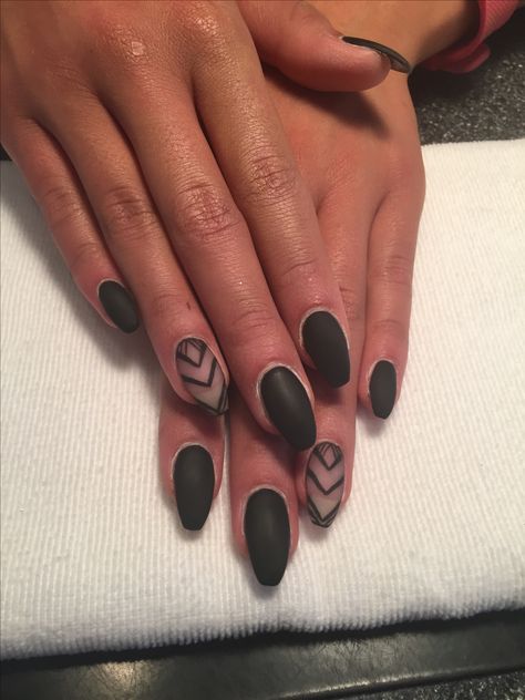 Black Matte Halloween Nail Designs, Black Matte Nails With Design Almond, Black And Matte Nails, Black And Tan Nails Acrylic, Black Rocker Nails, Black Design Nails Short, Phases Of The Moon Nails, Black Nails With One Accent Nail, Neutral Nails With Black Design