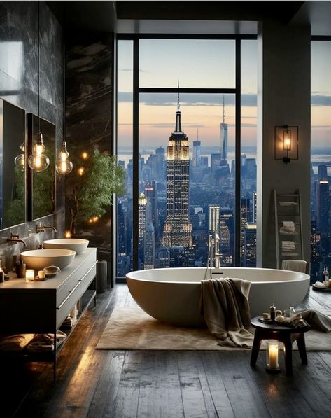 Apartment Bathroom Luxury, Bathroom With View, Nyc Apartment Bathroom, Bathroom Luxury, Boo Sheet, Dream Apartment Decor, Interior D, Apartment Bathroom, New York Apartment