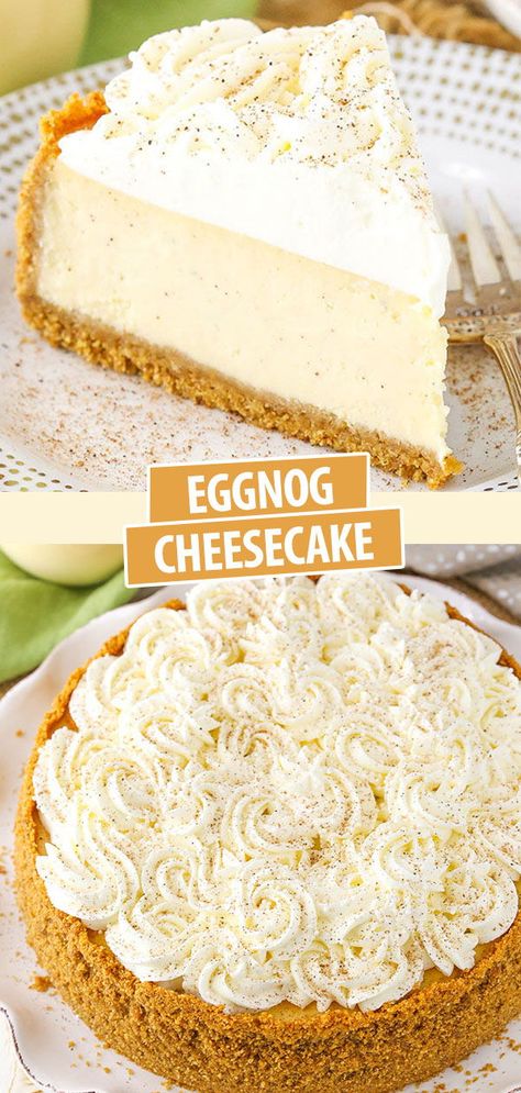 Best Eggnog Cheesecake Recipe, No Bake Eggnog Cheesecake Recipe, Eggnog Recipes Desserts, Eggnog Recipes Baking, Egg Nog Cheesecake Recipe, Cheesecake For Thanksgiving, Easy Christmas Cheesecake Recipes, Marscapone Cheesecake Recipes, Winter Cheesecake Recipes