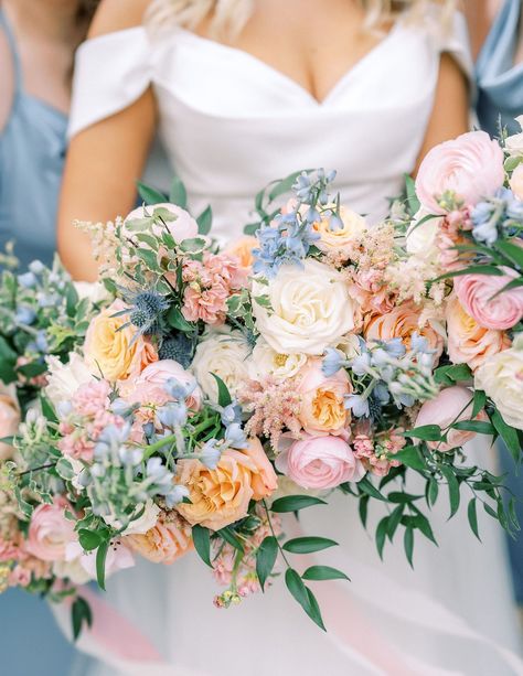 Colorful Bride and Bridesmaids Bouquet | Pastel Wedding Day Details | Central Texas Floral Designers | Reiley + Rose Soft Pastel Wedding, Instagram Color Palette, Colorful Bride, Theme Wedding Ideas, Bridgerton Theme, Bouquet Pastel, Pastel Wedding Theme, Winter Bridal Bouquets, Early Spring Wedding