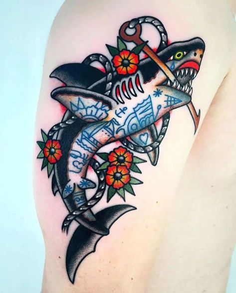 https://thestyleup.com/wp-content/uploads/2022/06/traditional-shark-tattoo.webp American Traditional Shark Tattoo, American Traditional Shark, Shark Tattoo Meaning, Traditional Tattoo Vector, Traditional Shark Tattoo, Traditional Tattoo Inspiration, Traditional Style Tattoo, Sea Tattoo, Shark Tattoo