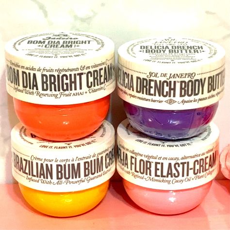 1 Bum Bum Cream 2.5 Oz 1 Delcia Drench Cream 2.5 Oz 1 Bom Dia Bright Cream 2.5 Oz 1 Beija Flor Elasti-Cream 2.5 Oz All Brand New & Sealed Elasti Cream, Bum Bum Cream, Smell Goods, Signature Scent, Yellow Purple, Smell Good, Body Cream, All Brands, Color Purple