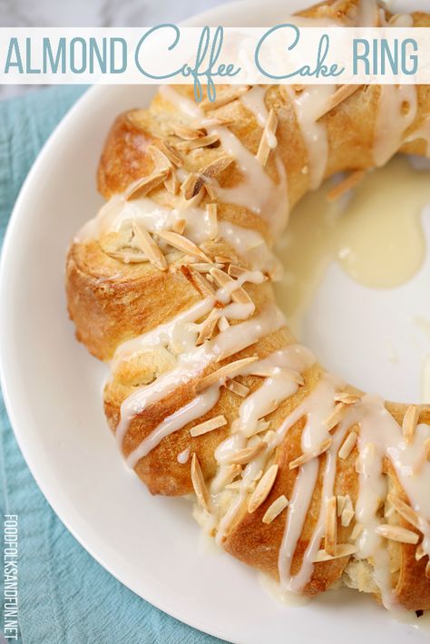 This Almond Coffee Cake Ring or tea ring is a slightly sweet yeast bread filled with almond paste and cream cheese and made into a wreath-shaped pastry.  #Easter #EasterBrunch #EasterBreakfast #EasterRecipe #Breakfast #Brunch #Almonds Almond Coffee Cake Recipes, Almond Ring, Almond Danish, Sweet Yeast Bread, Almond Paste Recipes, Almond Coffee Cake, Almond Coffee, Almond Desserts, Almond Pastry