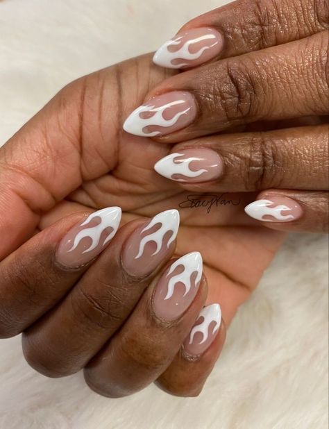 Light Pink Flame Nails, Fire Nails Designs Almond, Neutral Flame Nails, Fire Print Nails, Almond Nails Fire Design, Nail Art Flames Tutorial, Fire Nails Almond, Summer Nails Flames, Almond Fire Nails