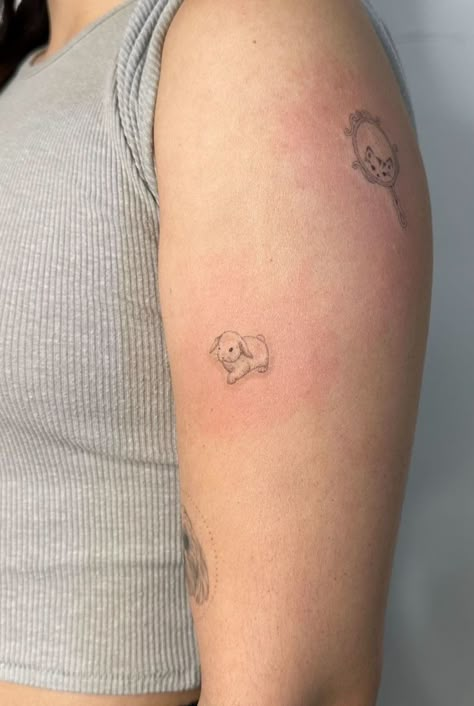 Bunny And Dog Tattoo, Soft Bunny Tattoo, Bunny Tattoo Aesthetic, Red Bunny Tattoo, Two Rabbits Tattoo, Bunny Fine Line Tattoo, Bunny Stuffed Animal Tattoo, Bunny With Wings Tattoo, Baby Bunny Tattoo