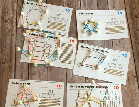 This set of printable geometry cards has both 2 dimensional and 3 dimensional shapes to use for building shapes.  They show right on the cards how many toothpicks and marshmallows you will need to build the shape. Then there is a graphic to help you see what it will look like. The printable set comes with 10 2D cards and 12 3D cards. High School Architecture, 3 Dimensional Shapes, Battleship Game, Dimensional Shapes, Diy Bird Feeder, Fun Math Games, Math Methods, Mental Math, Learning Design