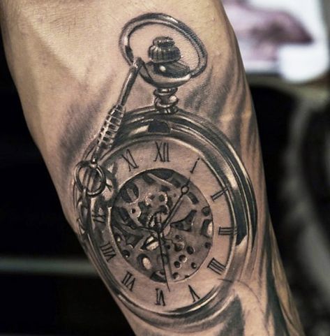 Time Piece Tattoo, Pocket Watch Tattoo Design, Arm Tattoos For Guys Forearm, Watch Tattoo Design, Tattoo Watch, Pocket Watch Tattoos, Lightning Tattoo, Watch Tattoo, Bull Tattoos