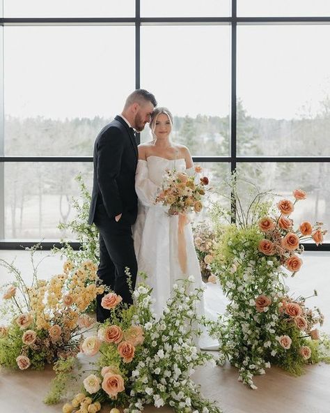 TRILLE on Instagram: "The Cidery at 51 Acres // pt. I  A luxury wedding editorial and inspiring collaboration between sister provinces.  Our talented team: Venue: @cideryat51 Photography: @janelleconnorphotography Planning & Decorating: @palmerweddingsandevents Florals: @trillefloral Videography: @alexrobedits Stationery: @paperchain.stationery Boutique: @tiltedvelleast Designer: @truvellebridal@madewithlovebridal Tux: @mooresclothing Hair: @novabrittneyhair Makeup: @jgerritsmakeup Models: @badass_chipmunk + @lucaszwaagstra Jewellery: @jessielouisedesign Cake: @sweetums.artisan.patisserie Ceramics: @kelsinthestudio" Ceremony Table Flowers, Fairytale Vibes, Wedding Venues Ontario, Story Kids, Modern Wedding Ceremony, Floral Styling, Niagara Wedding, Flower Tower, Wedding Ceremony Flowers