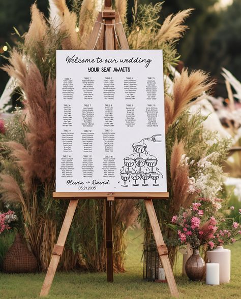 Wedding seating chart template, Hand Drawn Champagne Tower Scribble Illustration, quirky wedding sign, whimsical Guest Seating Plan AA048 Scribble Illustration, Plan Wedding, Wedding Seating Chart Template, Champagne Tower, Quirky Wedding, Seating Chart Template, Chart Template, Seating Plan Wedding, Welcome To Our Wedding