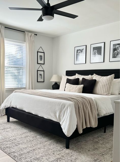 Black Headboard Bedroom, Black Bedroom Decor, Black Bed Frame, Neutral Bedroom Decor, Future Apartment Decor, Apartment Bedroom Decor, Dekorasi Kamar Tidur, Redecorate Bedroom, Apartment Decor Inspiration