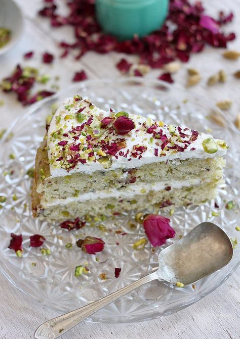 Untitled Rose And Cardamom Cake, Persian Rose Milk Cake, Pistachio Rose Cake Recipe, Floral Desserts, Rose Pistachio Tea Cake, Dacquoise Cake, Rosewater Pistachio Cake, Floral Recipes, No Patience