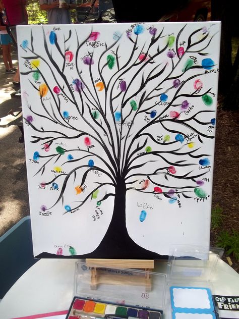 Canvas Friends Painting, Fingerprint Canvas, Wedding Guest Tree, Thumb Painting, Nursing Home Crafts, Thumbprint Art, Easy Birthday Gifts, Thumbprint Tree, Reunion Gift