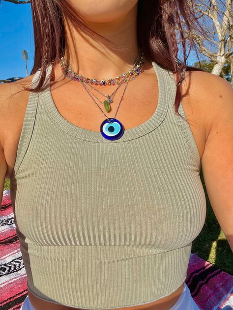 Evil Eye Necklace Outfit, Evil Eye Jewelry Aesthetic, Evil Eye Bead Necklace, Evil Eye Accessories Aesthetic, Evil Eye Necklace Layering, Evil Eye Necklace Aesthetic, Eye Necklace Aesthetic, Earthy Necklace Aesthetic, Hippie Necklace Layering