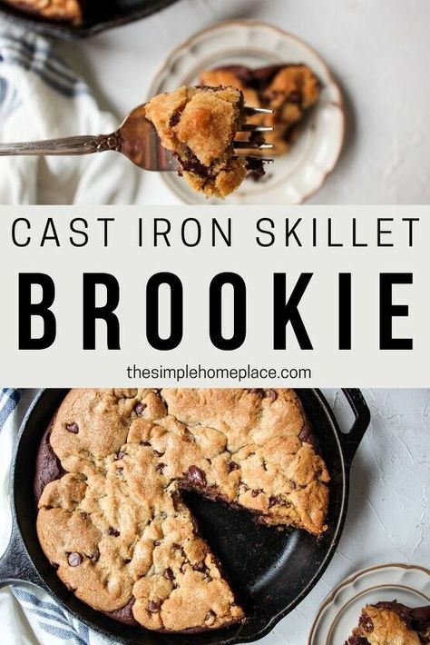 Half decadent brownie, half soft and chewy chocolate chip cookie, this cast iron skillet brookie recipe allows you to enjoy two amazing desserts in one! Any time I have the opportunity to make a delicious dessert like this brookie, I take it. Not only do I love baking, but I also love dessert. This recipe is so great because it’s made in a cast iron skillet, one of my favorite kitchen tools! If you’re looking for a wonderfully decadent dessert to enjoy with your whole fam… Skillet Brookie, Cast Iron Skillet Cookie, Brookie Recipe, Cast Iron Skillet Recipes Dinner, Skillet Desserts, Cocoa Powder Cookies, Salted Chocolate Chip Cookies, Butterscotch Cookies, Iron Recipes