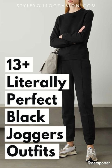 Looking for jogger pants outfit ideas for everyday style in fall or winter? You’ll love this list of casual black joggers outfit ideas for women that have a perfect street style vibe. There are also dressy black jogger outfits for work. (Trendy outfits for 2024) High Waisted Black Joggers Outfit, Black Jean Joggers Outfit, Lululemon Black Joggers Outfit, Black Joggers Outfit Casual Winter, Summer Joggers Outfit Women, Lulu Lemon Joggers Outfit, Black Jogging Pants Outfit, How To Style Black Joggers, Joggers Outfit Women Winter