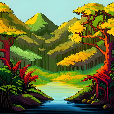 Asian jungle pixel art Jungle Pixel Art, Pixel Forest, Waterfall Pixel Art, Pixel Art Foliage, Pixel Forest Background, Small Porch Decorating, Art Invitation, Small Canvas, 8 Bit