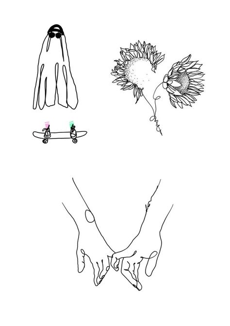 Tattoo inspiration flash sheet by @HannaLeeTidd - simple minimalist drawings of sunflowers, a ghost on a skateboard and linking hands Drawings Of Sunflowers, Minimalist Line Art Tattoo, Line Art Tattoo, Flash Sheet, Minimalist Line Art, Minimalist Drawing, Pick And Mix, A Ghost, Art Drawings Sketches