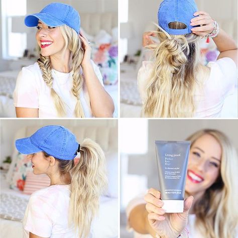 IT'S LIVE!!! How to: air-dried waves + 7 hairstyles to wear under a baseball cap 💃🏼. Not gonna lie, I feel like a total over achiever with this video haha!! 🤣 Do any of you use this technique for air-dried waves, though? (Link in profile) It speeds up my routine in the morning like CRAZY!! And @livingproofinc you've done it again with another amazing product.  The In-Shower Styler gives me all the feels! #YourBestHair #sponsored #perkyponytail Women Baseball Cap Hair, Ways To Wear Hair With Baseball Cap, Hair Styles With Baseball Cap Cute, How To Wear Ball Caps For Women, How To Wear A Ball Cap Women Hair Style, How To Wear A Cap With Long Hair, How To Style Hair With Baseball Hat, Hairstyles To Wear With A Hat Baseball, Hairstyles With A Baseball Cap