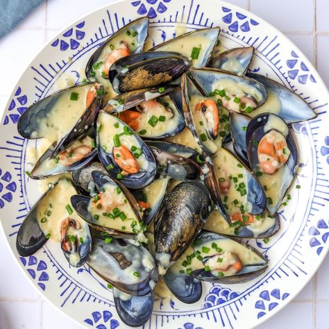 Normandy Mussels with Cider Velouté — French Cooking Academy French Fish Recipes, French Mussels Recipe, Authentic French Recipes, Warm Goat Cheese Salad, French Seafood, French Recipes Authentic, Puff Pastry Recipes Savory, Easy Puff Pastry Recipe, Soup Curry