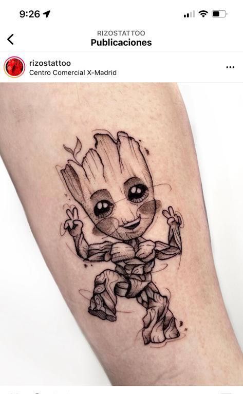 Groot Tatoos, I Am Groot Tattoo, Groot Tattoo Ideas, Baby Groot Tattoo, Groot Tattoo, Rocket Tattoo, Character Tattoos, Rose Drawing Tattoo, Cartoon Tattoo