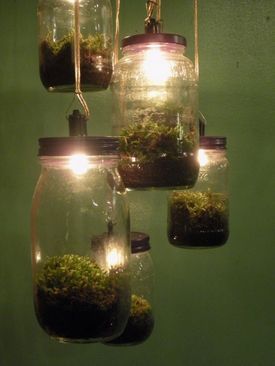 Mason Jar Terrarium, Diy Luminaire, Hantverk Diy, Diy Light Fixtures, Fairy Lanterns, Diy Lampe, Moss Terrarium, Upcycle Recycle, Cool Ideas