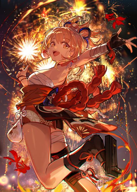 Fireworks Art, 귀여운 동물, Pose Reference, Anime Images, Anime Character, Fireworks, Genshin Impact, Art Style, Cute Art