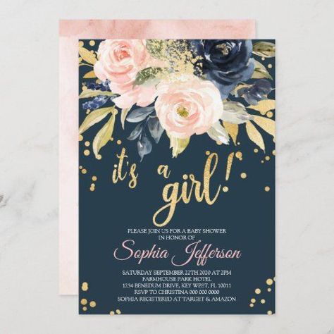 Baby Girl Shower Invitations, Spring Baby Shower Invitations, Navy Baby Showers, Gold Baby Shower, Pink Wreath, Spring Baby Shower, Gold Baby Showers, Watercolor Invitations, Gold Baby