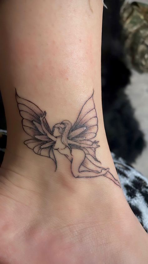 Fairy Tattoo Shaded, Purple Fairy Tattoo, Shaded Fairy Tattoo, Fairy With A Knife Tattoo, Fairy Tattoo Ankle, Fairy Ankle Tattoo, Fairy Tattoos For Women Unique, Fairy Garden Tattoo Sleeve, Fairy Tattoos For Women