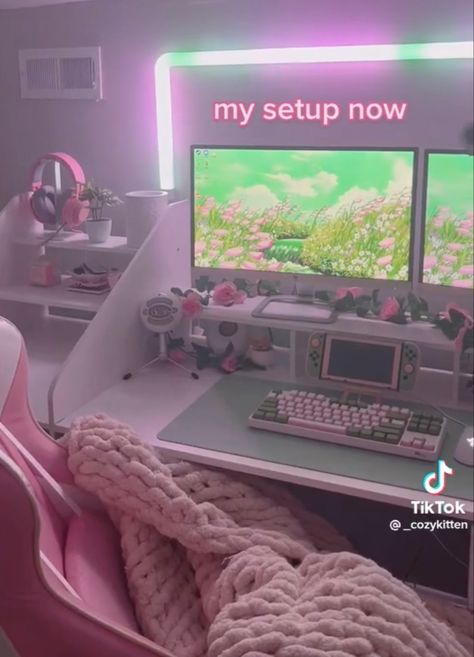 Things You Need For Your Gaming Setup, Flower Gaming Setup, Gaming Setup Aesthetic Pink, Gaming Aesthetic Pink, Pink And White Gaming Setup Aesthetic, Gaming Setup For Women, Green And Pink Gaming Setup, Pink And Green Setup, Pink Green Gaming Setup