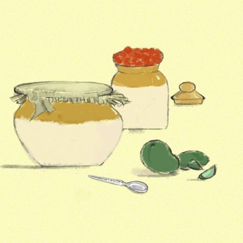 Mango pickle preparations at home Pickles Illustration, Anarkali Neck Designs, Pickle Illustration, Mango Pickle, Paint Recipe, Organic Lifestyle, Pickle Jars, Painted Jars, Diy Pottery